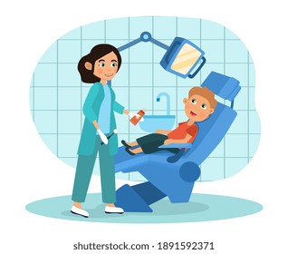 Little boy visiting a pediatric dentist seated in the chair in the surgery attended to by the dental assistant or dentist, colored cartoon vector illustration