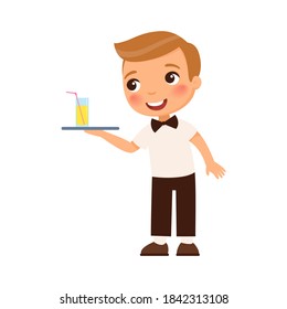 Little boy waiter holds out a tray of orange juice. Child in suit work as a servant. Cute cartoon character