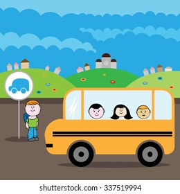 Little boy waiting on bus stop to ride schoolbus to school vector illustration