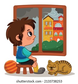 The little boy is waiting for the rain to stop to go outside. Vector illustration.