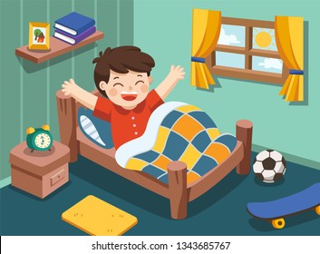 A Little boy wake up in the morning. Isolated vector.