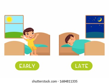 Little boy waking up and sleeping illustration with typography. Late and early antonyms flashcard flat vector template. Word card for english language learning. Opposites concept. 