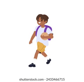 Little boy walking with a ball. Wearing backpack. Kid character. Flat cartoon vector illustration.