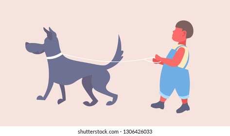 little boy walking with dog cute child and his dog having fun male cartoon character full length flat horizontal