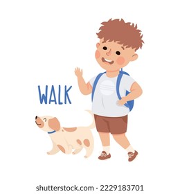 Little Boy Walking the Dog Demonstrating Vocabulary and Verb Studying Vector Illustration