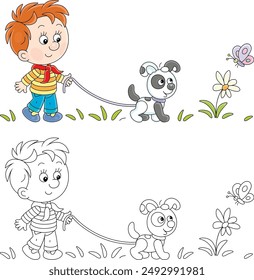 Little boy walking with a funny small puppy and watching a merry butterfly fluttering over a flower in a park, color and black and white outline vector cartoon illustrations