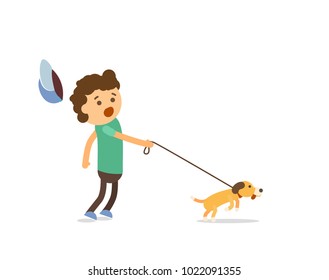 Little boy walking with his naughty puppy vector illustration. Isolated cartoon character