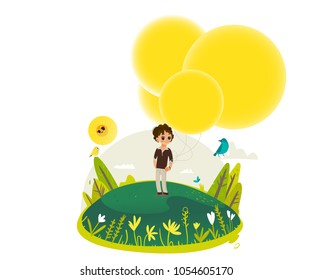 Little boy walking and holding bunch of extremely big yellow hot air balloons - empty space for text. Sunny summer banner for greeting card, invitation. Cartoon colorful vector illustration.