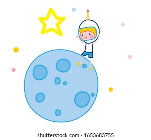 little boy walking at the Moon. vector illustration
