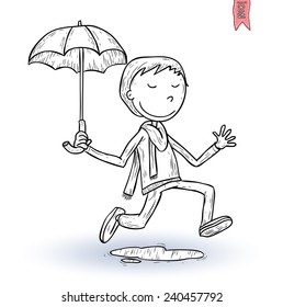Little boy walking in the rain, vector illustration.