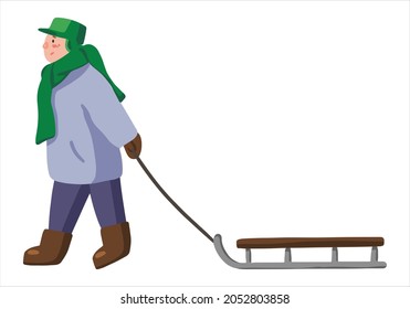 Little boy walking with sled. Child in winter outerwear playing in outdoor. Flat vector illustration. Colored cartoon clipart isolated on white. Single element for design, decor, print, card, sticker.