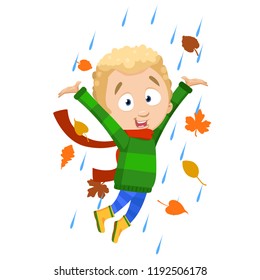 Little boy walking under rain. Happy guy wearing scarf, wool sweater and rubber boots at rainy day. Cold autumn weather. Boy in warm clothes jumping in air. Seasonal rainfall vector illustration