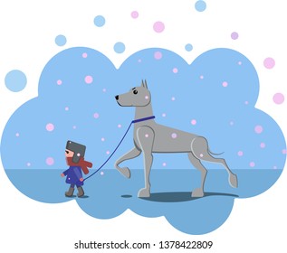 Little boy walks with a big dog