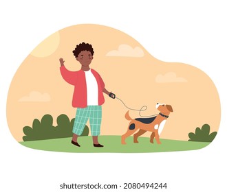 Little boy walks with dog concept. Male character takes pet outside. Child performs housework and takes care of his cute puppy. Preschooler with animal in park. Cartoon flat vector illustration