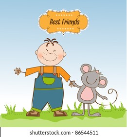 A little boy walks with his best friends