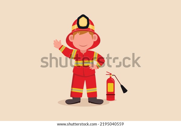 Little Boy want\
to become a fireman. Children dream of the future. Kid dreaming\
concept. Vector Illustration.\
