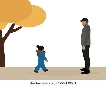 Little boy in warm clothes walking towards a male character on the street