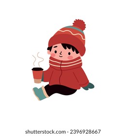  niñito con ropa de invierno caliente sentado en el suelo y tomando café. Ilustración del vector
