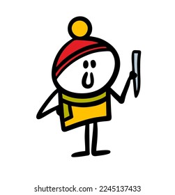 A little boy in a warm winter hat happily holds an icicle in his hands. Vector illustration of a child playing with an ice stick.