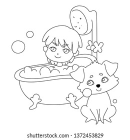 A little boy is washing in a bathtub with foam and bubbles. His friend - the dog sits nearby and guards him. Friendship dog and child. Vector illustration for coloring book, stencil, design, prints.