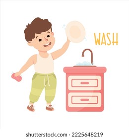 Little Boy Washing Dishes at Kitchen Sink Demonstrating Vocabulary and Verb Studying Vector Illustration