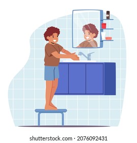 Little Boy Washing Hands in Sink Stand on Low Chair. Kid Character Morning or Evening Daily Routine. Child in Bathroom Health Care, Bathing and Discipline Concept. Cartoon People Vector Illustration