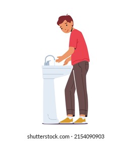 Little Boy Washing Hands in Sink, Kid Preteen Male Character Daily Morning or Evening Routine. Child in Bathroom Health Care, Bathing and Discipline Concept. Cartoon People Vector Illustration