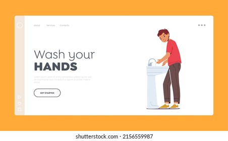 Little Boy Washing Hands in Sink Landing Page Template. Kid Daily Morning or Evening Routine. Child in Bathroom Health Care, Bathing and Discipline Concept. Cartoon People Vector Illustration