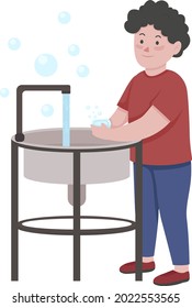 Little Boy Washing Hands With Soap With Semi Flat Color Vector Character. Full Body Person On White. Promoting Good Hygiene Isolated Modern Cartoon Style Illustration For Graphic Design And Animation