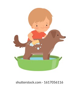 Little Boy Washing His Dog in Washbasin Vector Illustration