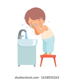 Little Boy Washing Up His Face in the Morning Vector Illustration