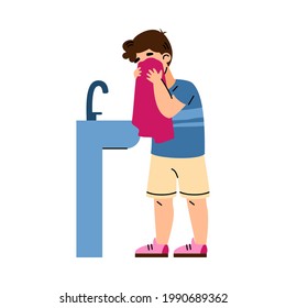 Little boy washing and wiping his face with towel, cartoon vector illustration isolated on white background. Childrens everyday routine and daily timetable.