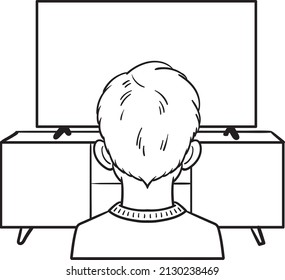 little boy watches tv. Over the shoulder comic monochrome outline.