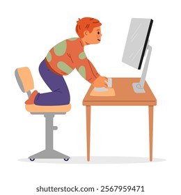 Little boy watching to computer screen flat vector illustration isolated on white.