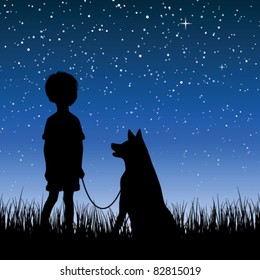 Little Boy Watching Night Starry Sky