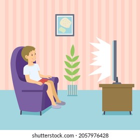 Little boy watching TV in purple chair in living room. Vector cartoon conceptual illustration in cute pastel colors.