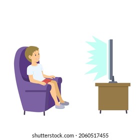 Little boy watching TV in purple chair isolated on white background. Vector cartoon conceptual illustration in cute pastel colors.