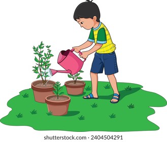 Little boy watering plants through watering can vector illustration