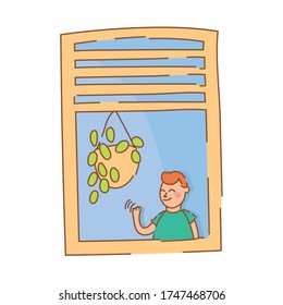 little boy waving in apartment window for quarantine free form style vector illustration design