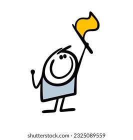 Little boy is waving a flag over his head. Vector illustration of a patriot of his country at sports competitions, a fan of a football club. Doodle cartoon stick man character isolated.