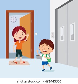 Little boy waving to his mother before leaving to school
