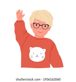 Little boy waving, smiling and saying hi or bye. Scandinavian child in eyewear gesturing with hand. Portrait of happy kid. Colored flat vector illustration of preschooler isolated on white