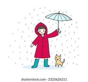 Little boy wear red raincoat and boot holding umbrella with cat in rain, hand drawn style vector illustration