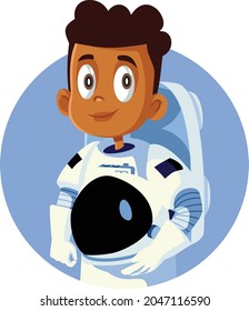 Little Boy Wearing an Astronaut Costume Vector Illustration. Child wearing a spacesuit dreaming pf future professional career
