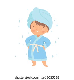 Little Boy Wearing Bathrobe Standing with Towel on His Head Vector Illustration