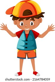 Little Boy Wearing Blue Life Jacket In Cartoon Style Illustration