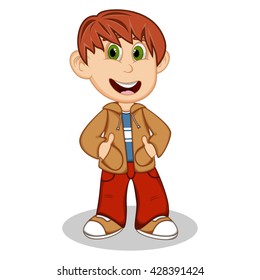 Little boy wearing a brown jacket and red trousers style cartoon vector illustration