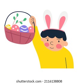 Little boy wearing bunny ears and hold Easter basket. Hand drawn illustration.