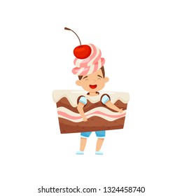 Little boy wearing cake slice costume with cream and cherry. Tasty dessert. Kid with happy face. Flat vector design