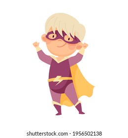 Little Boy Wearing Cape and Mask as Superhero Pretending Having Power for Fighting Crime Vector Illustration